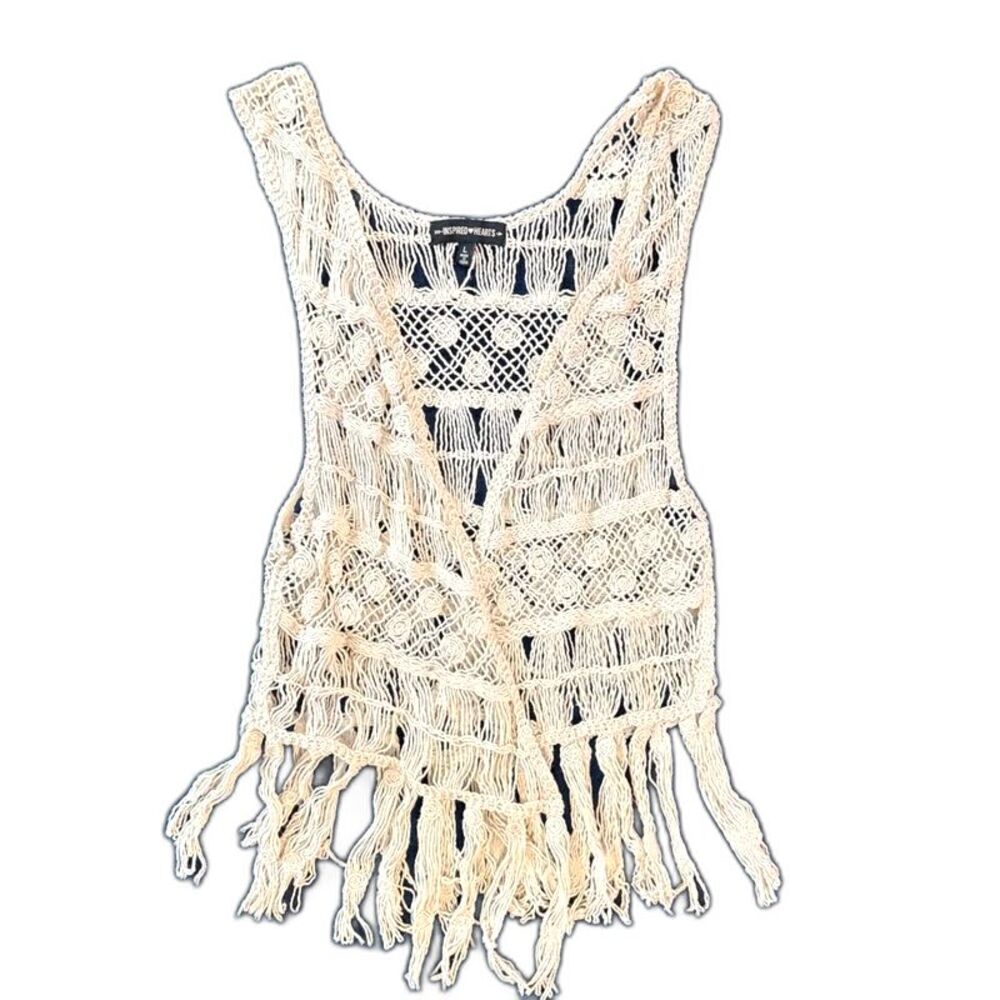 Inspired Hearts Boho Cream Crochet Fringe Vest Festival Size L